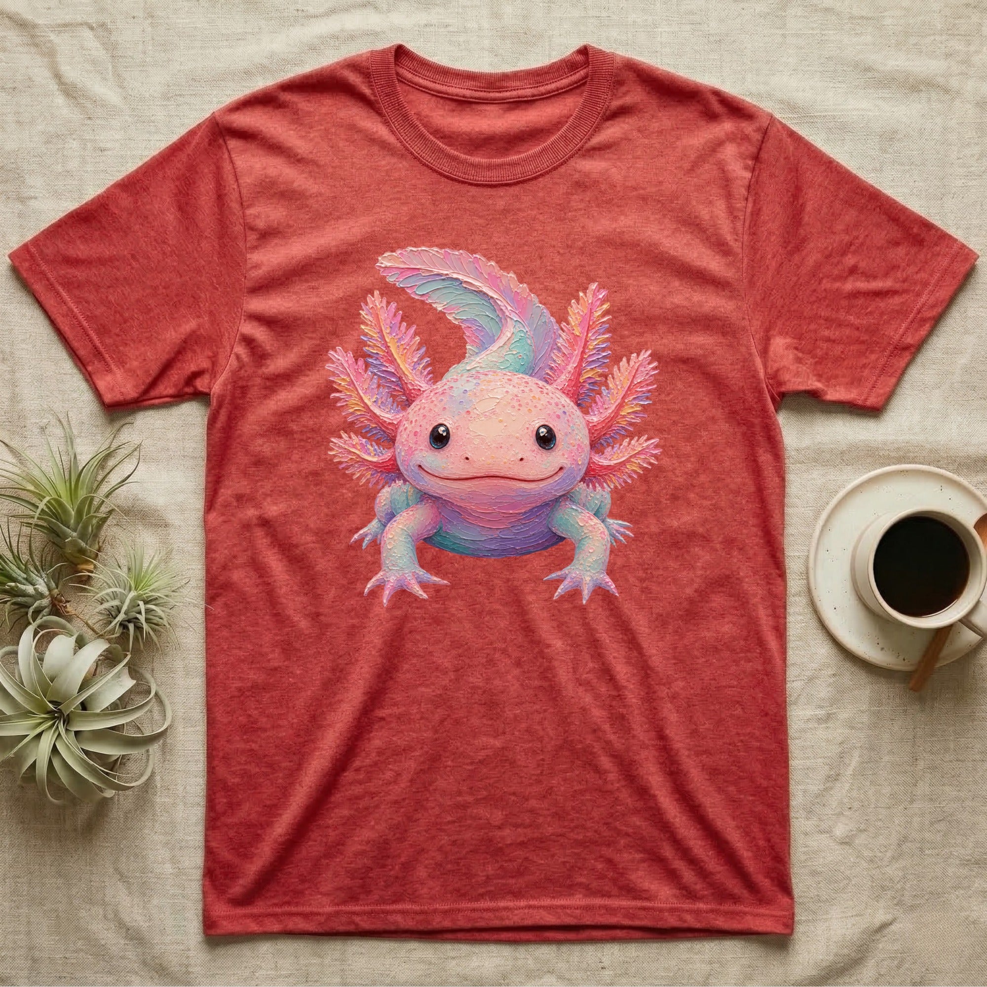 Red heathered t-shirt featuring a colorful axolotl graphic.