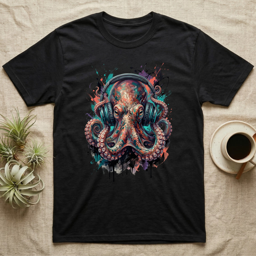 Black t-shirt with colorful octopus wearing headphones graphic design.