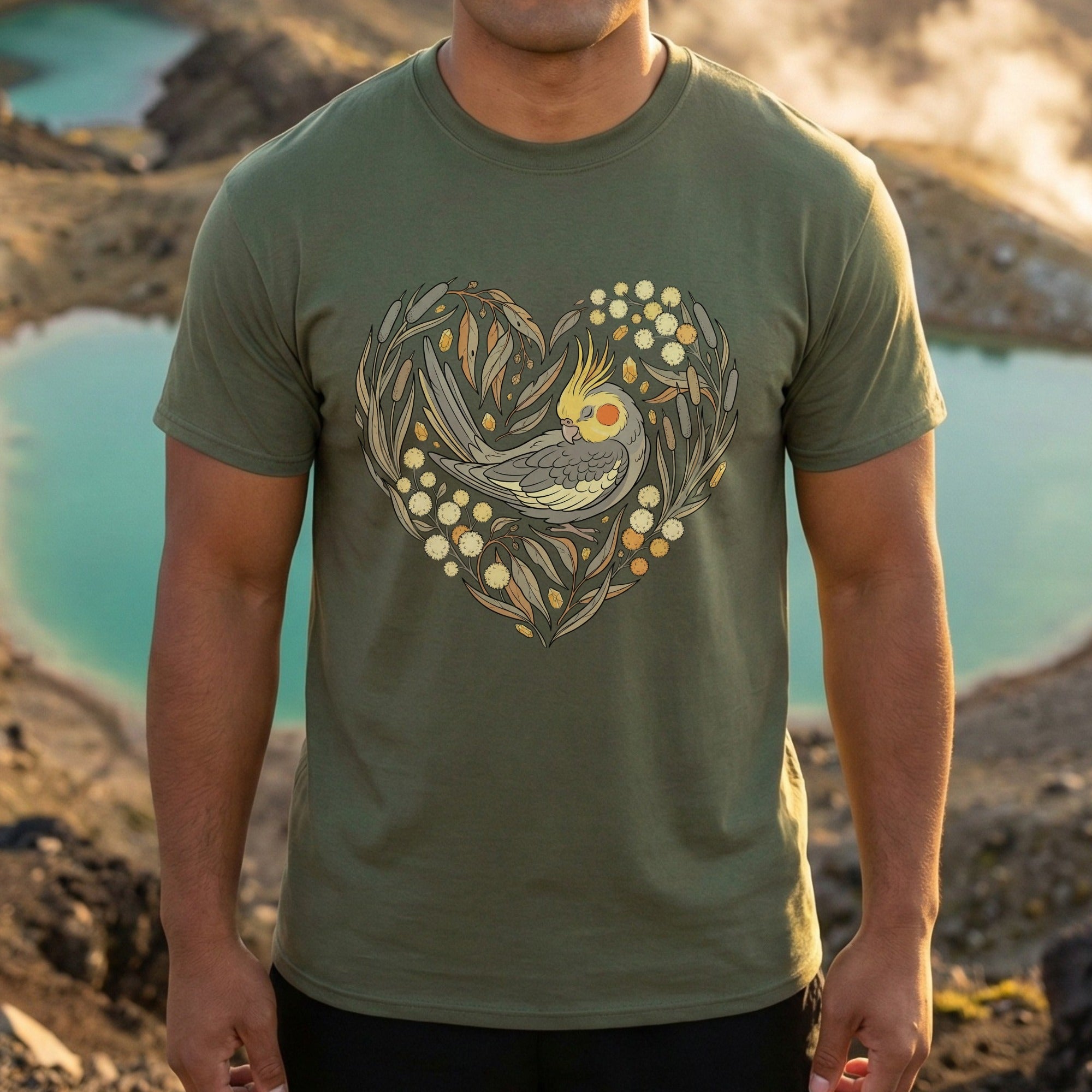 Heart Shaped Cockatiel Art T-Shirt for Nature Lovers