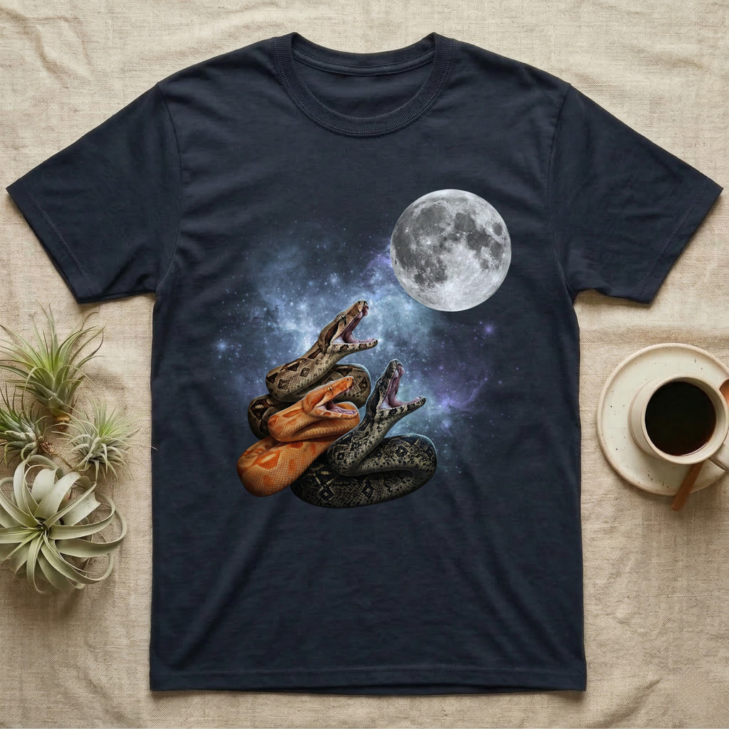 Boa Constrictor Moon Howl T-Shirt in Navy — Three Boa Constrictor colour morphs howling at a full moon over a nebula on a dark grey t-shirt.