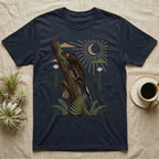 Crested Gecko Home Range T-Shirt in Navy — Woodcut-style illustration of a crested gecko clinging head-up to a mossy rainforest trunk among tree ferns, no on-shirt text.