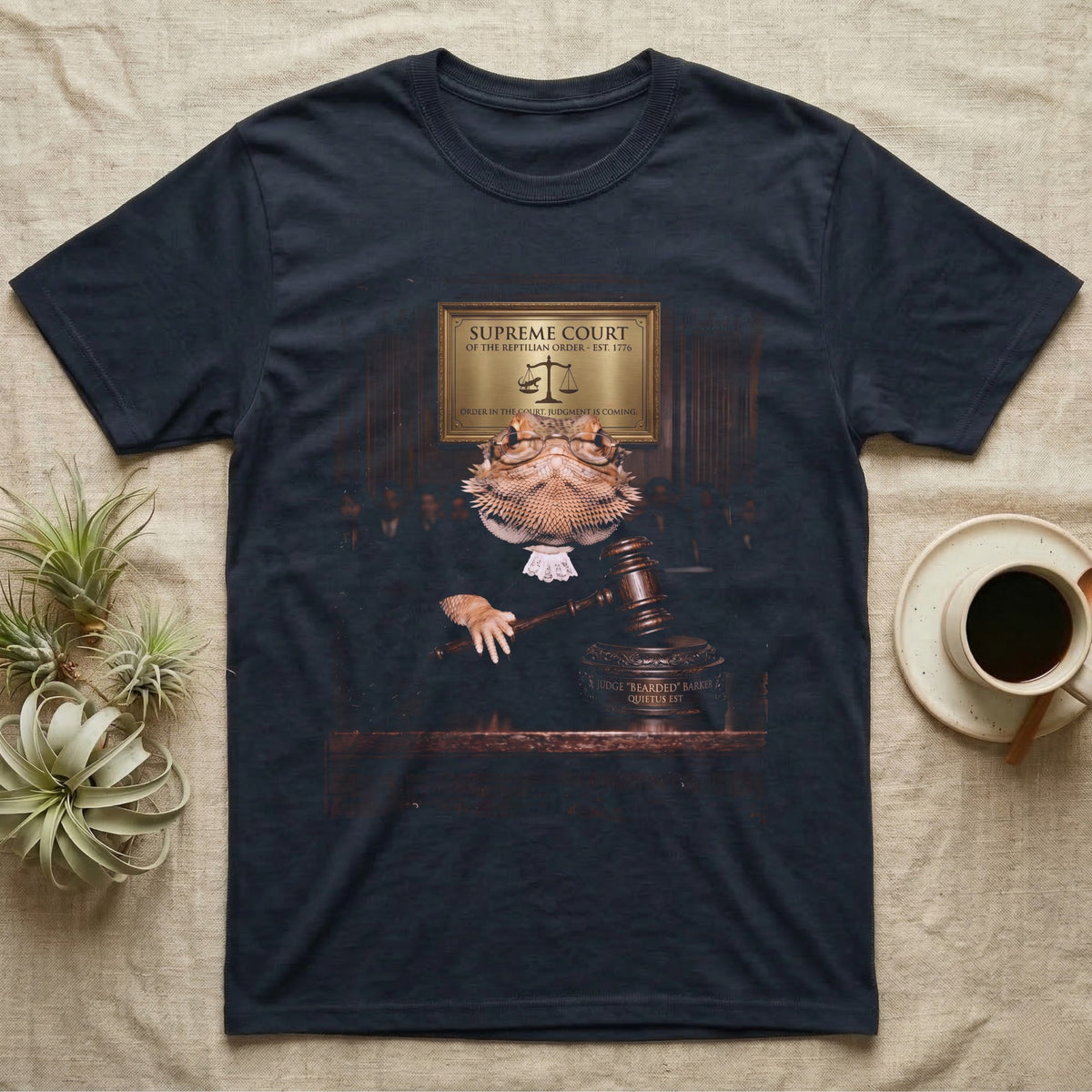 Bearded Dragon Judge T-Shirt in Navy — Bearded dragon in a judge's robe and spectacles resting a hand on a gavel under a Supreme Court of the Reptilian Order plaque.