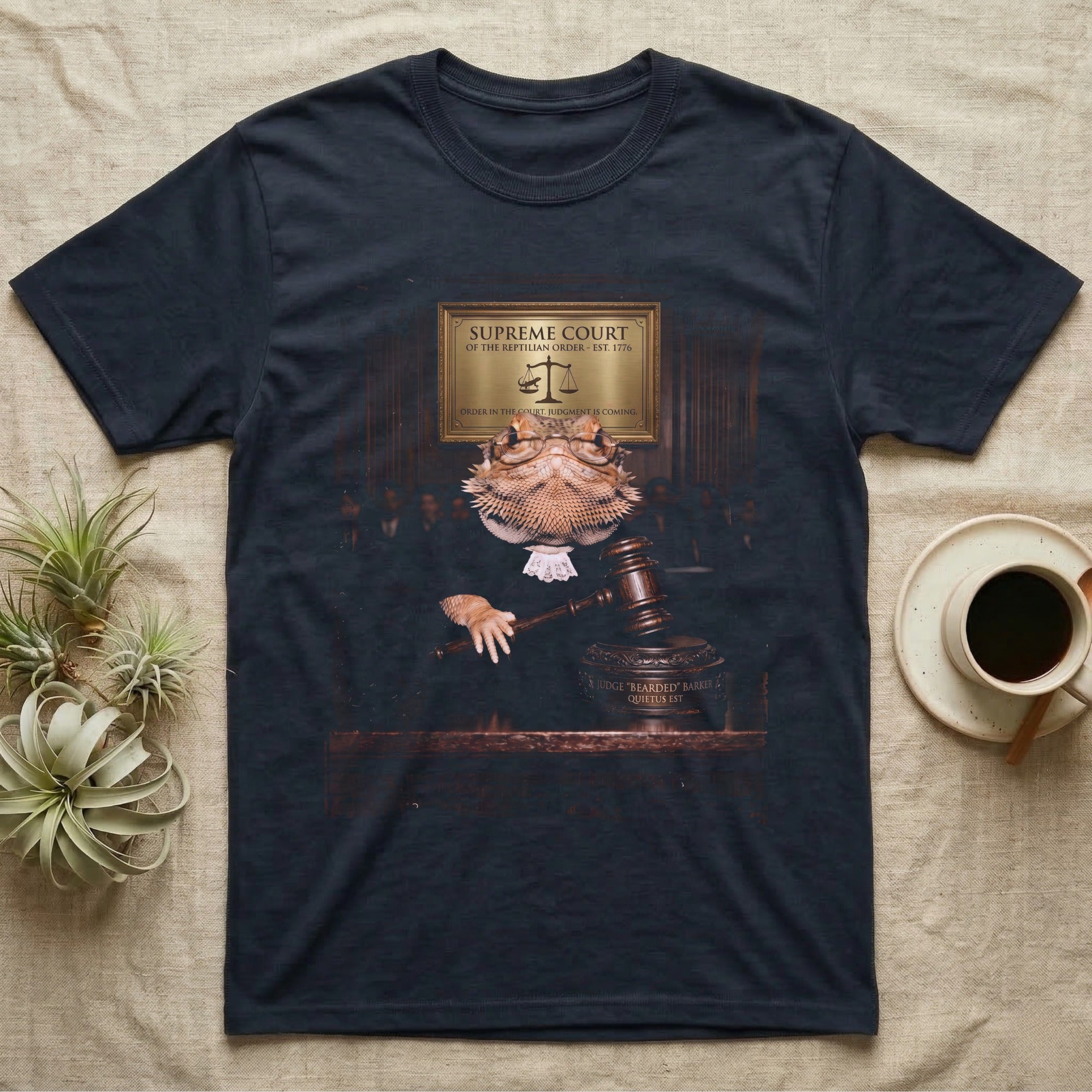 Bearded Dragon Judge T-Shirt in Navy — Bearded dragon in a judge's robe and spectacles resting a hand on a gavel under a Supreme Court of the Reptilian Order plaque.