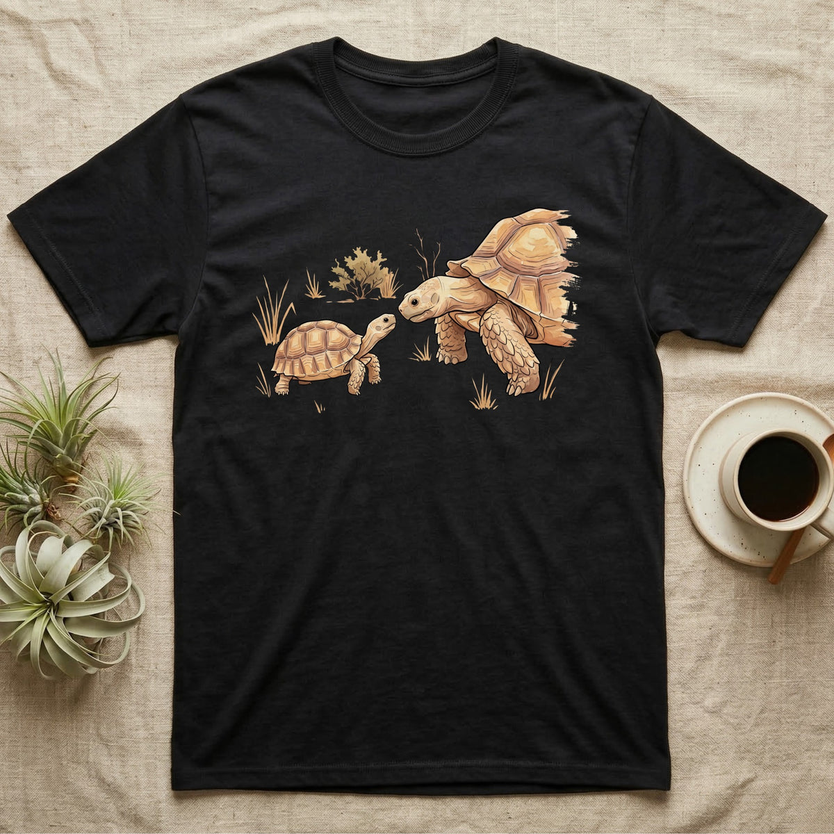 Sulcata Watercolour Profile T-Shirt in Black — Watercolour sulcata tortoise in left profile, broken ink outline, a thin line at head height ending in an ochre bloom