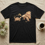 Sulcata Watercolour Profile T-Shirt in Black — Watercolour sulcata tortoise in left profile, broken ink outline, a thin line at head height ending in an ochre bloom