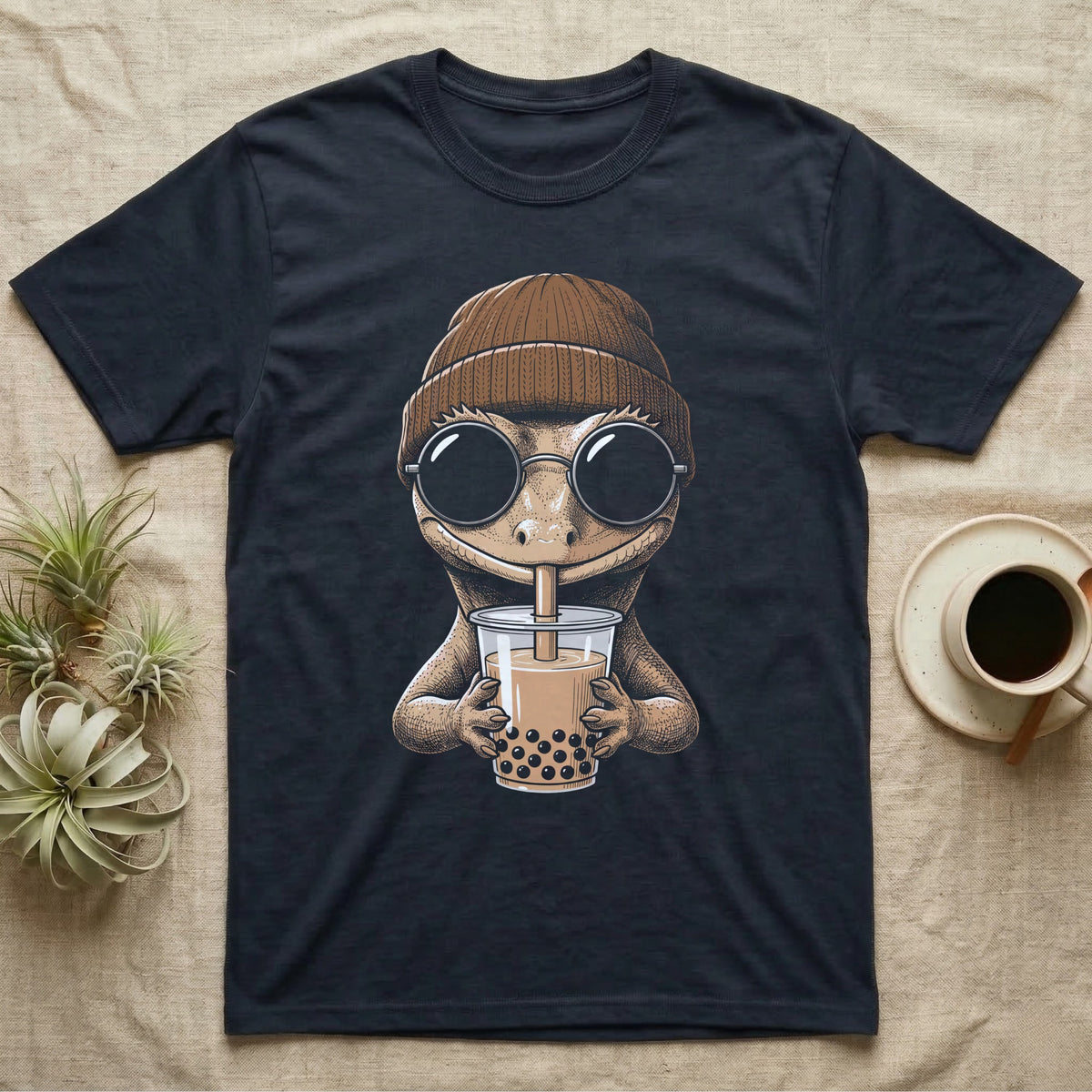 Crested Gecko Boba Tea T-Shirt in Navy — Cross-hatch engraving of a crested gecko in a beanie and round glasses sipping boba milk tea.