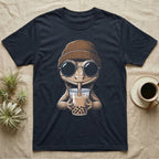 Crested Gecko Boba Tea T-Shirt in Navy — Cross-hatch engraving of a crested gecko in a beanie and round glasses sipping boba milk tea.