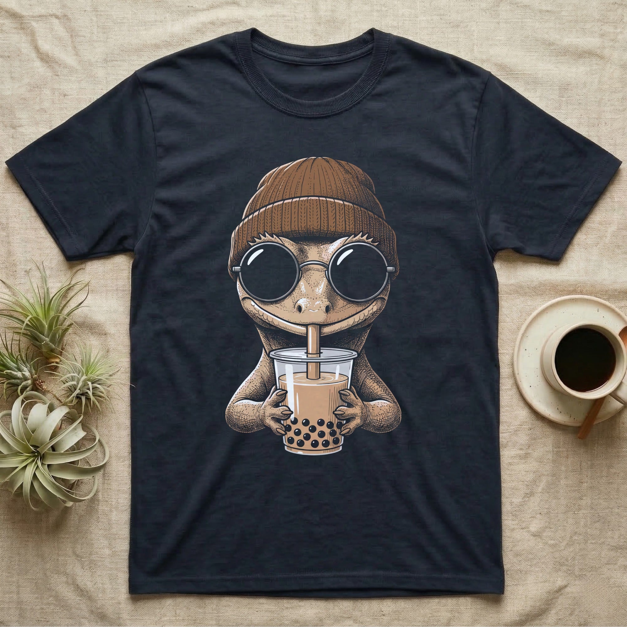 Crested Gecko Boba Tea T-Shirt in Navy — Cross-hatch engraving of a crested gecko in a beanie and round glasses sipping boba milk tea.