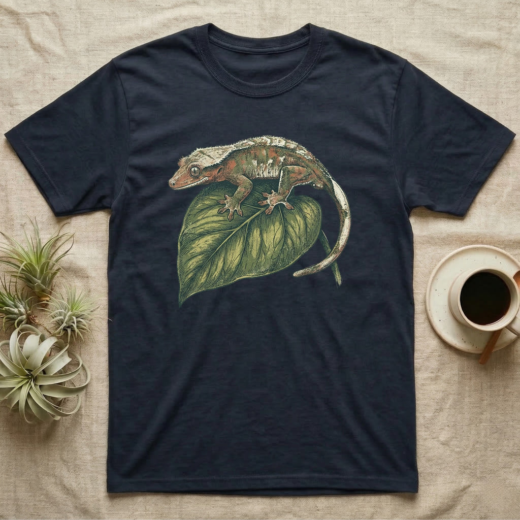 Dark t-shirt with a detailed illustration of a crested gecko on a leaf.