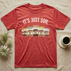 Isopod Soil Bins T-Shirt in Heather Red — Watercolour row of five labelled bins of soil with isopods on the lids under the words IT'S JUST SOIL
