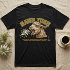 Black t-shirt with a llama spitting, text "Hawk Tush".