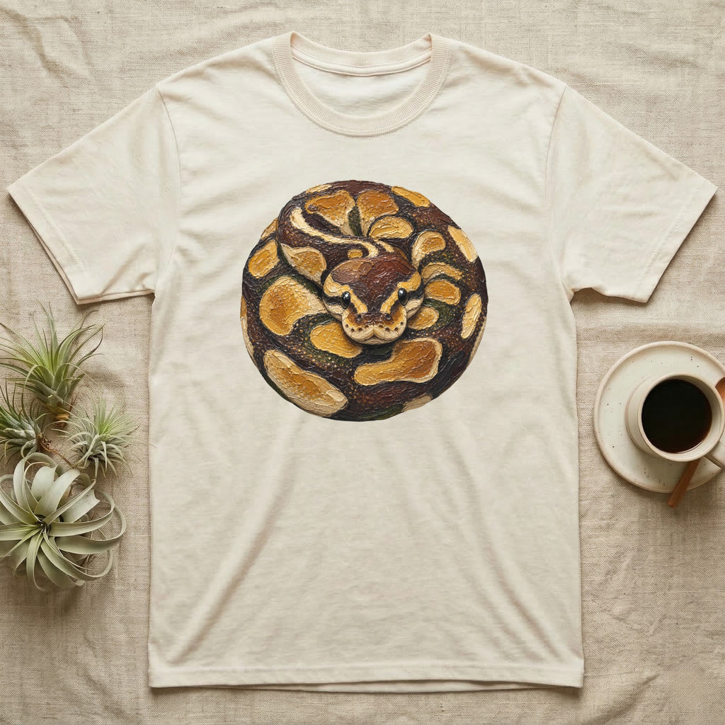 Cream t-shirt featuring a coiled snake illustration in a circle.