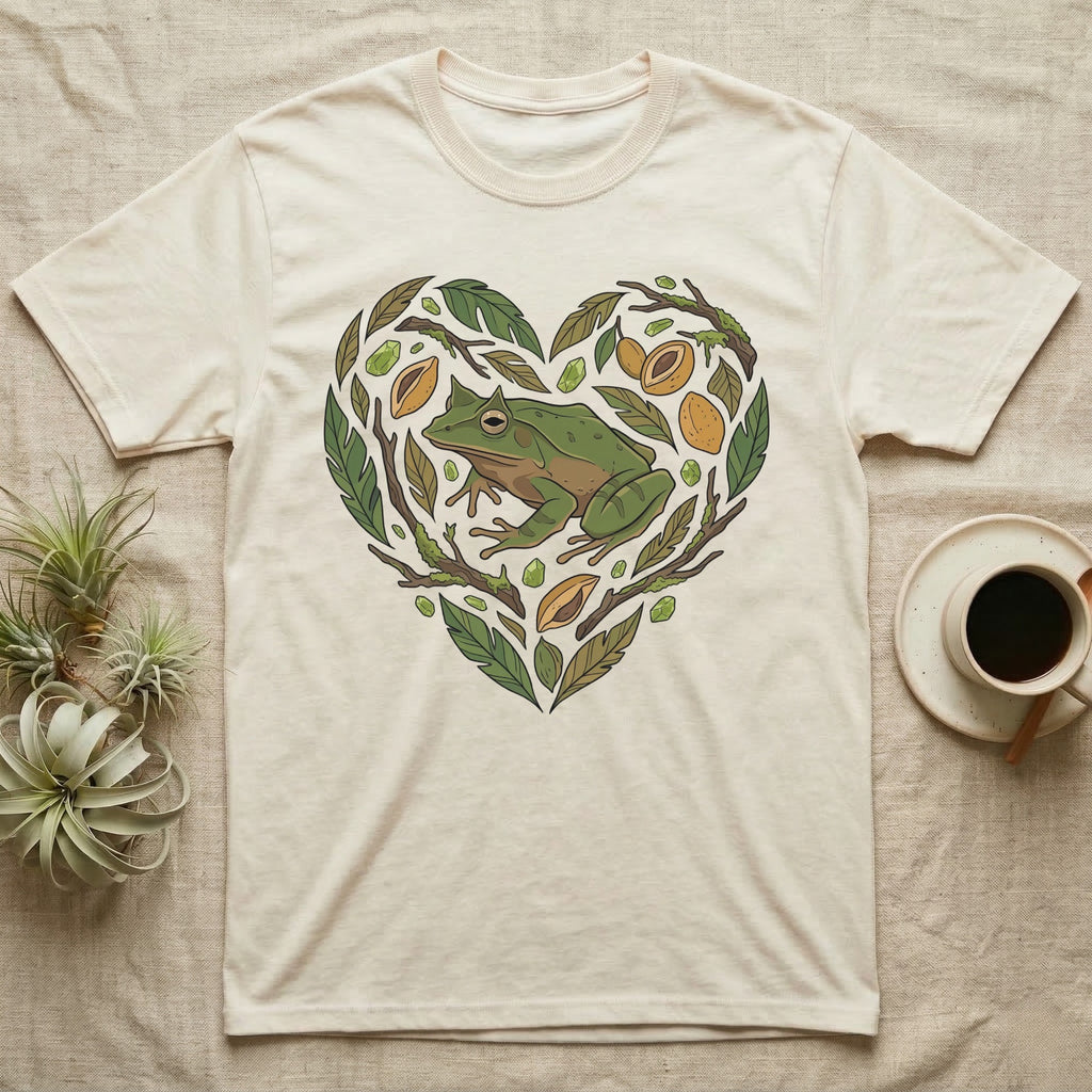 Cream t-shirt with a green frog inside a heart-shaped design of leaves and fruit.