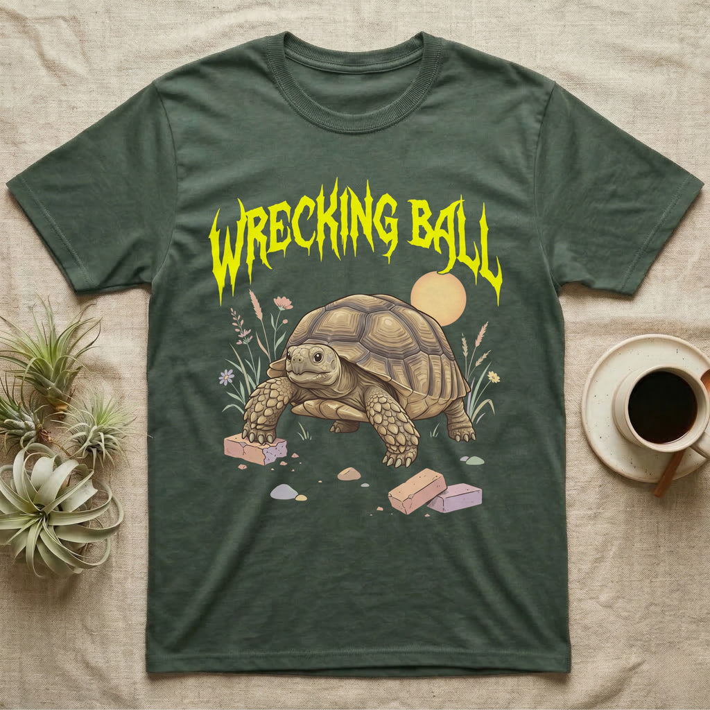 Sulcata Tortoise Feral T-Shirt in Military Green — Sulcata tortoise plodding over crumbled bricks under a jagged caution-yellow metal "WRECKING BALL" wordmark.