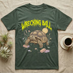 Sulcata Tortoise Feral T-Shirt in Military Green — Sulcata tortoise plodding over crumbled bricks under a jagged caution-yellow metal "WRECKING BALL" wordmark.
