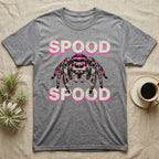 Spood Jumping Spider T-Shirt in Sport Grey — Grunge-punk illustration of an oversized front-facing jumping spider with a distressed "Spood" wordmark in bone and acid pink.