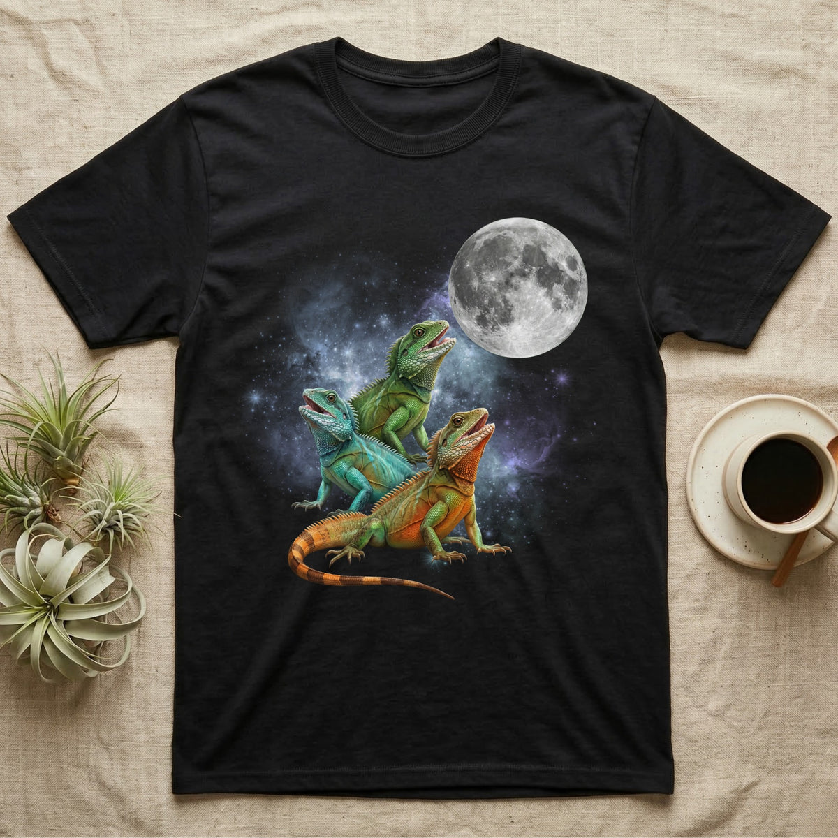Chinese Water Dragon Moon Howl T-Shirt in Black — Three Chinese Water Dragon colour morphs howling at a full moon over a nebula on a dark grey t-shirt.