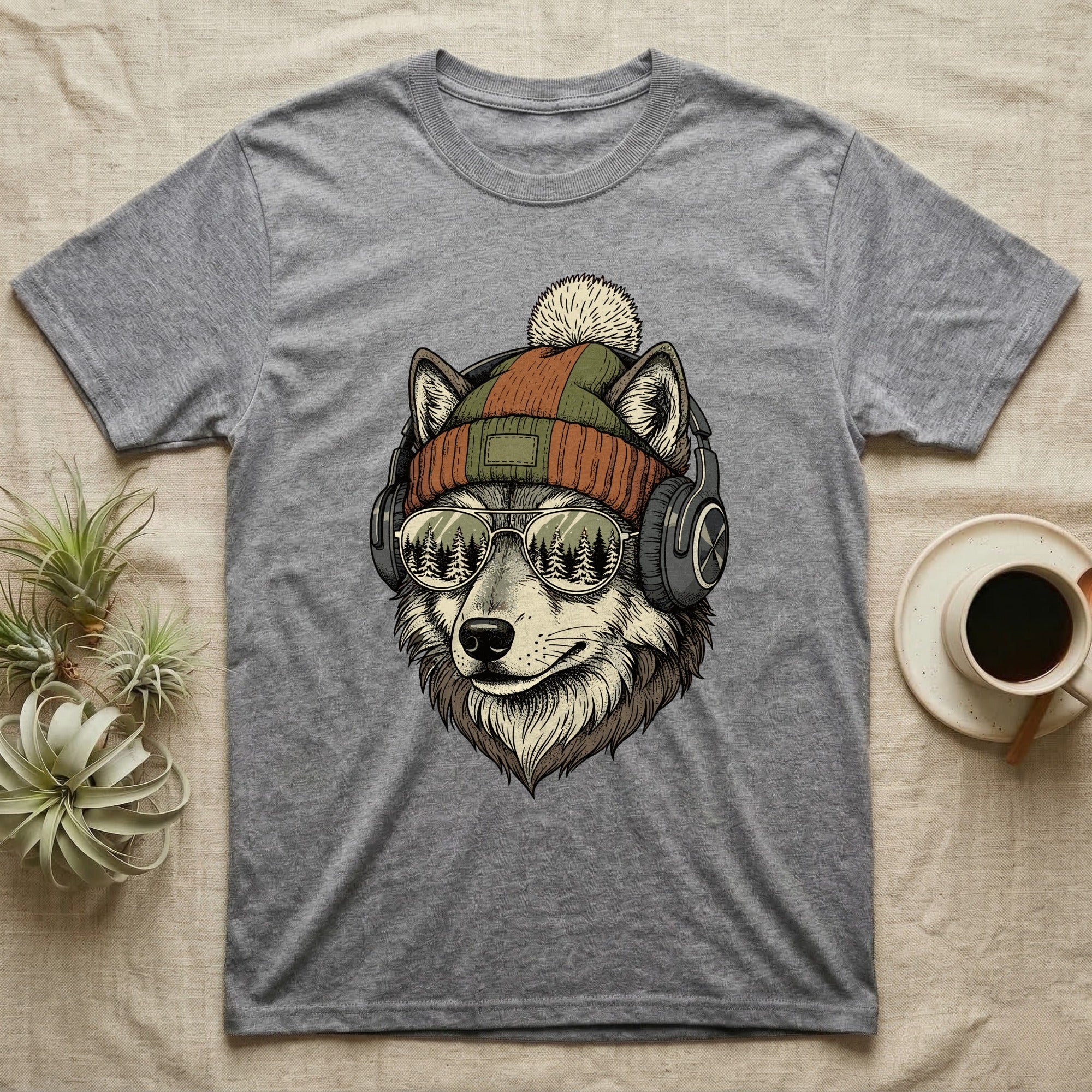 Grey t-shirt with a wolf wearing headphones, beanie, and sunglasses.