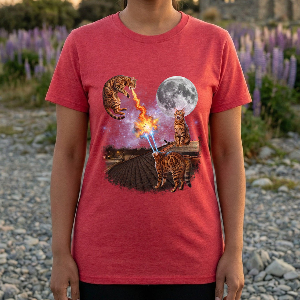Cats Shooting Lasers and Fire Under Full Moon T-shirt