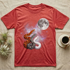 Corn Snake Moon Howl T-Shirt in Heather Red — Three Corn Snake colour morphs howling at a full moon over a nebula on a dark grey t-shirt.