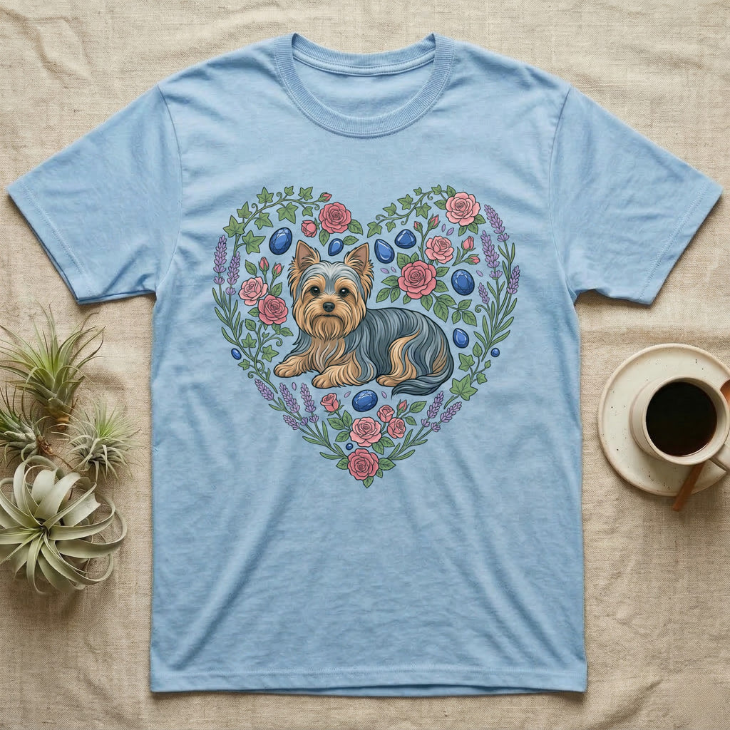 Light blue t-shirt featuring a Yorkshire Terrier inside a floral heart design.