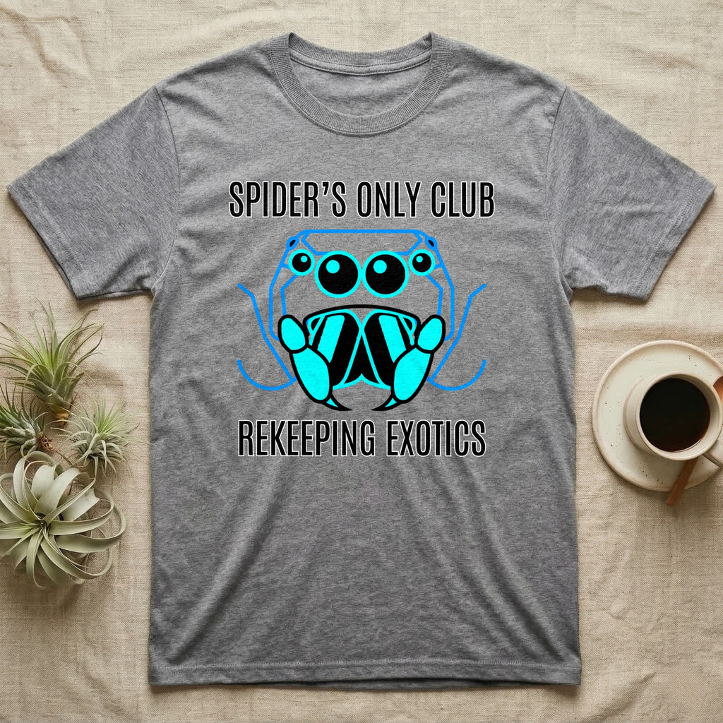 Grey t-shirt with "SPIDER'S ONLY CLUB" and "REKEEPING EXOTICS" in blue lettering.