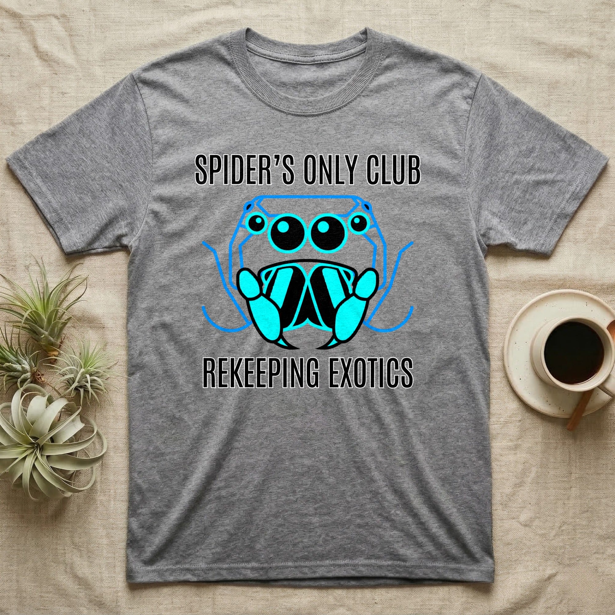 Grey t-shirt with "SPIDER'S ONLY CLUB" and "REKEEPING EXOTICS" in blue lettering.