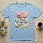 Light blue t-shirt with stacked pastel snakes design.