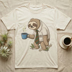 Tired sloth in shirt and tie holds steaming mug with "World's Okayest Employee" text.