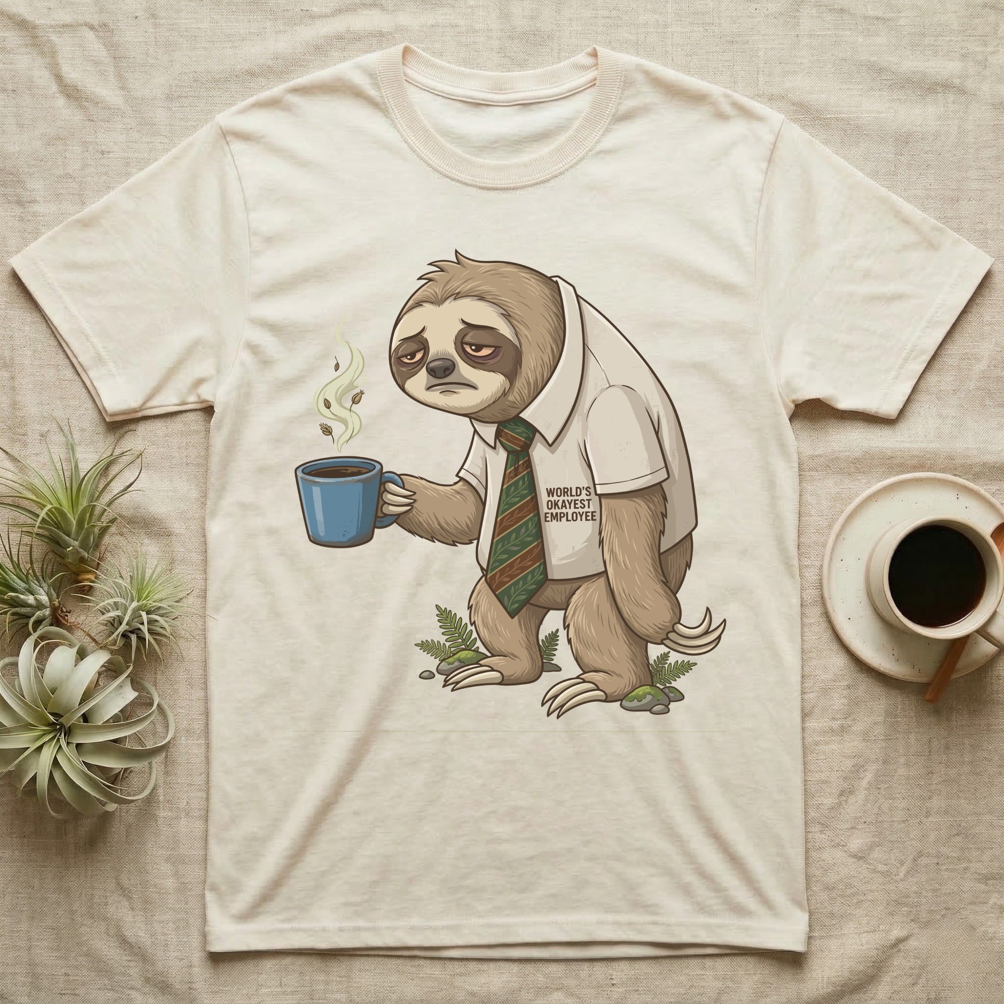Tired sloth in shirt and tie holds steaming mug with "World's Okayest Employee" text.