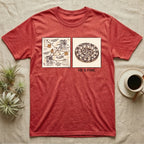He's Fine Ball Python T-Shirt in Heather Red — Two-panel illustration of a frantic conspiracy board beside a serene coiled ball python captioned "He's Fine."