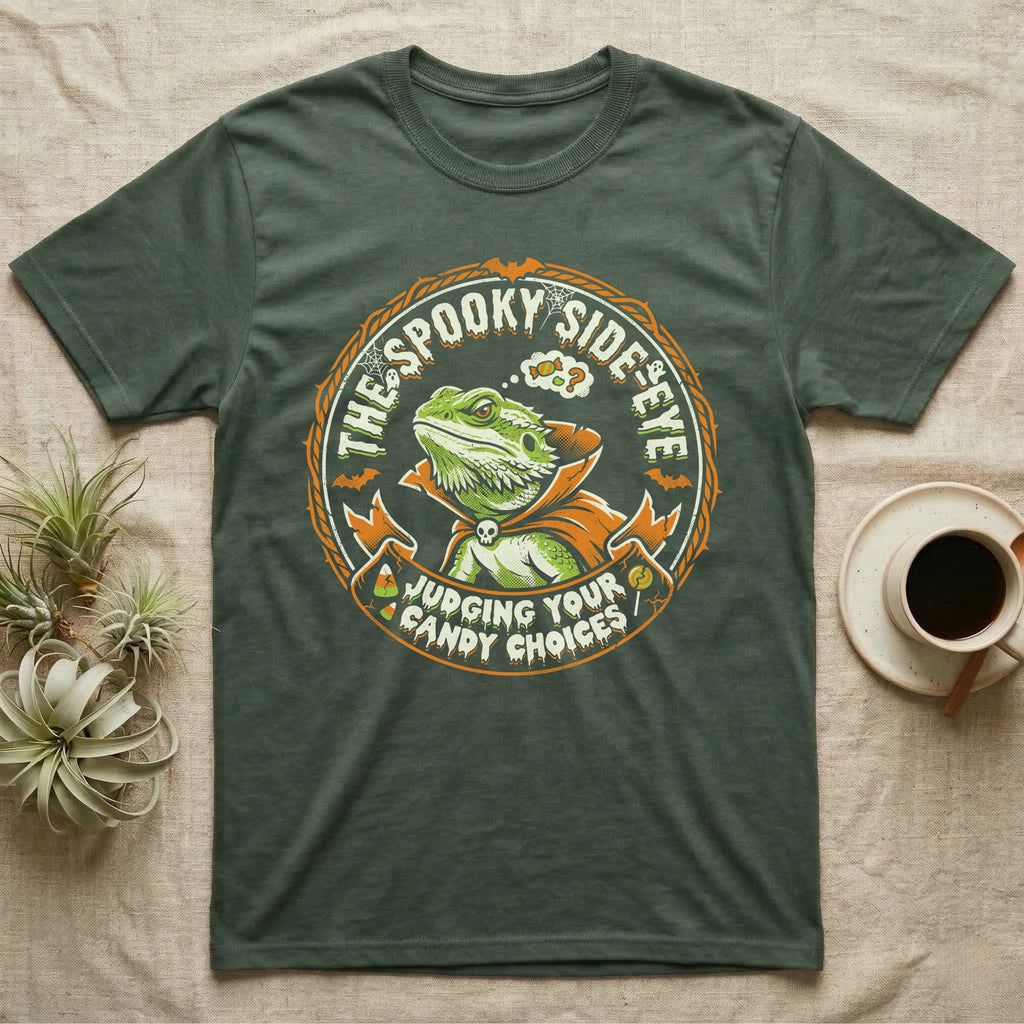 Bearded Dragon Spooky Side-Eye T-Shirt in Military Green — Distressed badge of a caped bearded dragon giving side-eye, "The Spooky Side-Eye, Judging Your Candy Choices."