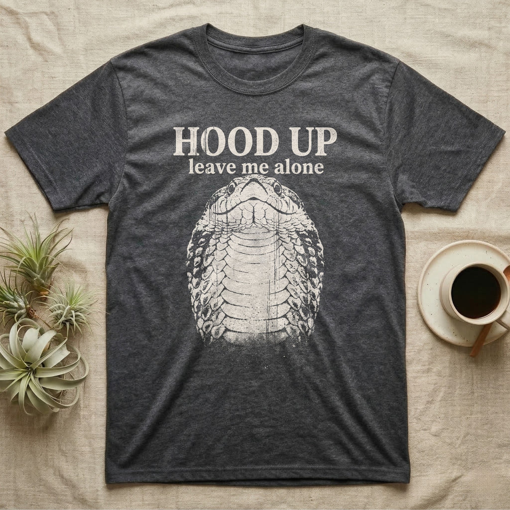 Hognose Hood Up T-Shirt in Dark Heather — Gritty white print of a western hognose reared up front-on with its neck flattened, under the words HOOD UP, leave me alone, on black