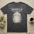 Hognose Hood Up T-Shirt in Dark Heather — Gritty white print of a western hognose reared up front-on with its neck flattened, under the words HOOD UP, leave me alone, on black