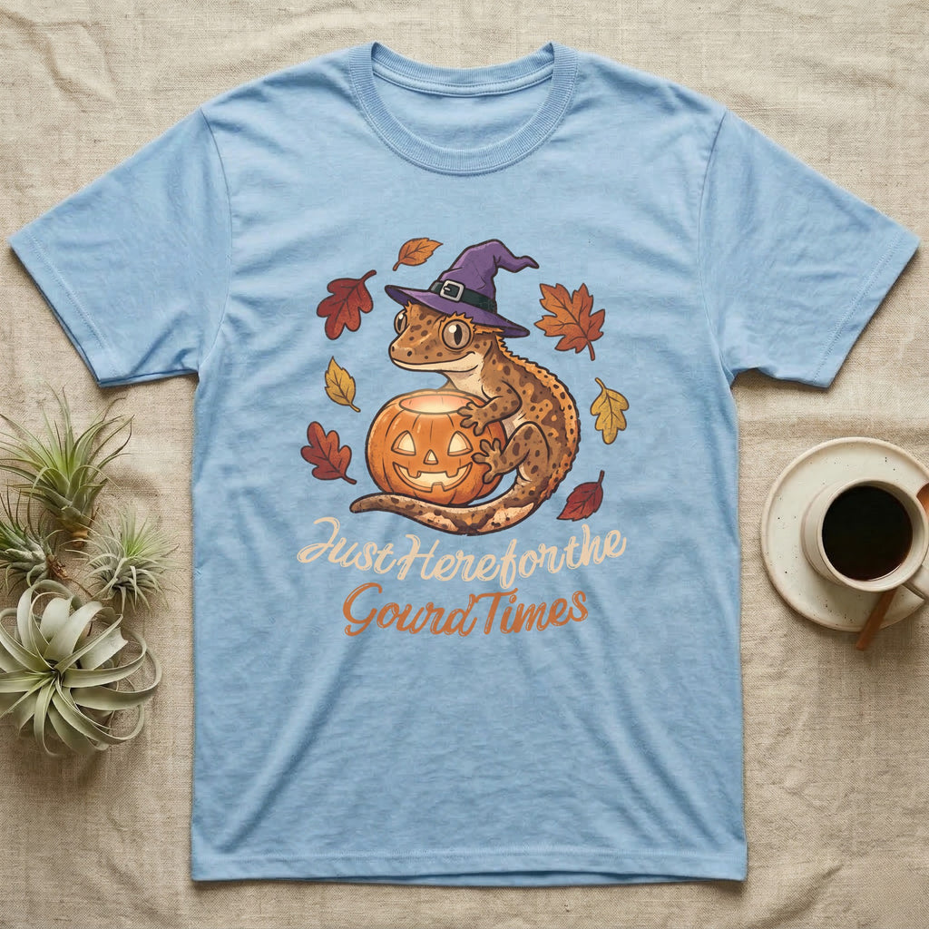 Crested Gecko Gourd Times T-Shirt in Light Blue — Cartoon crested gecko in a witch hat on a glowing jack-o'-lantern, "Just Here for the Gourd Times."