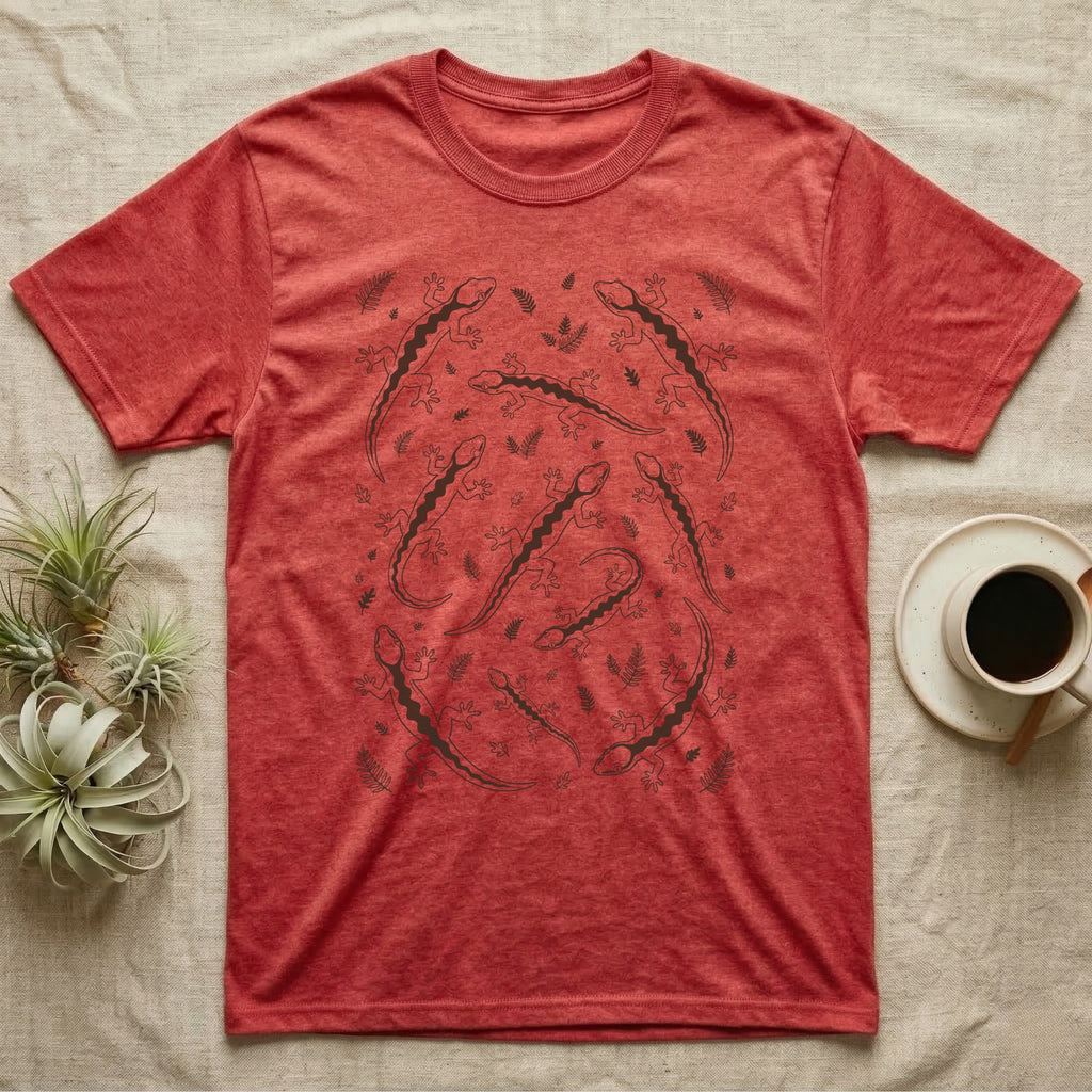 Mourning Gecko Clone Squad T-Shirt in Heather Red — Scatter-pattern line art of ten identical mourning geckos among terrarium leaf-litter glyphs.