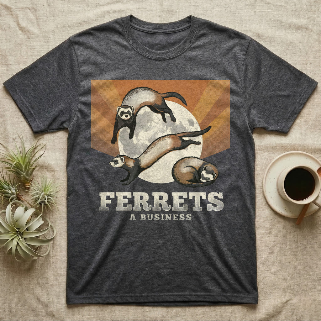 Three Ferret Moon Tee in Dark Heather — Retro-illustration of three ferrets in war-dance, stretch, and sleeping-coil poses around a stratified halftone full moon.