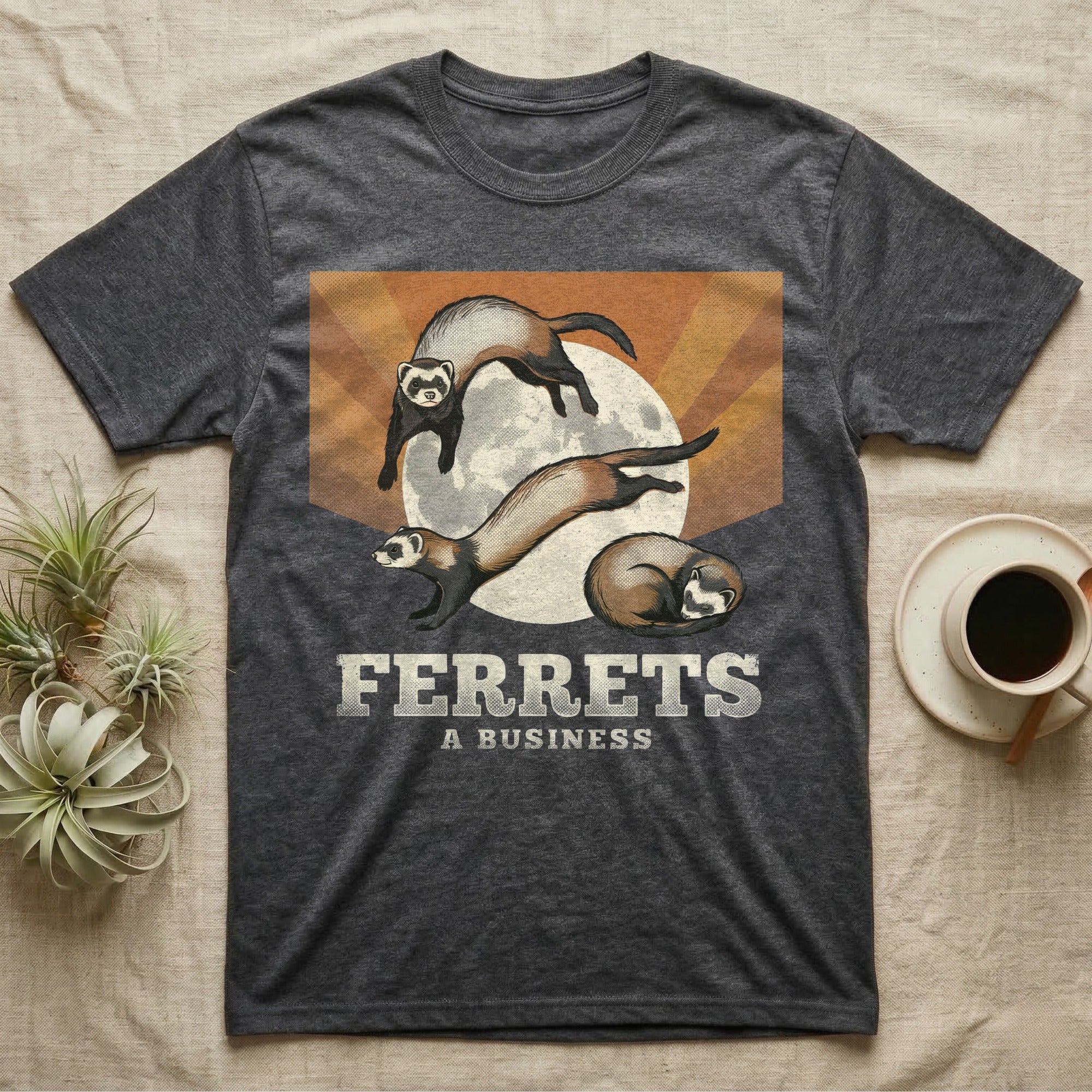 Three Ferret Moon Tee in Dark Heather — Retro-illustration of three ferrets in war-dance, stretch, and sleeping-coil poses around a stratified halftone full moon.