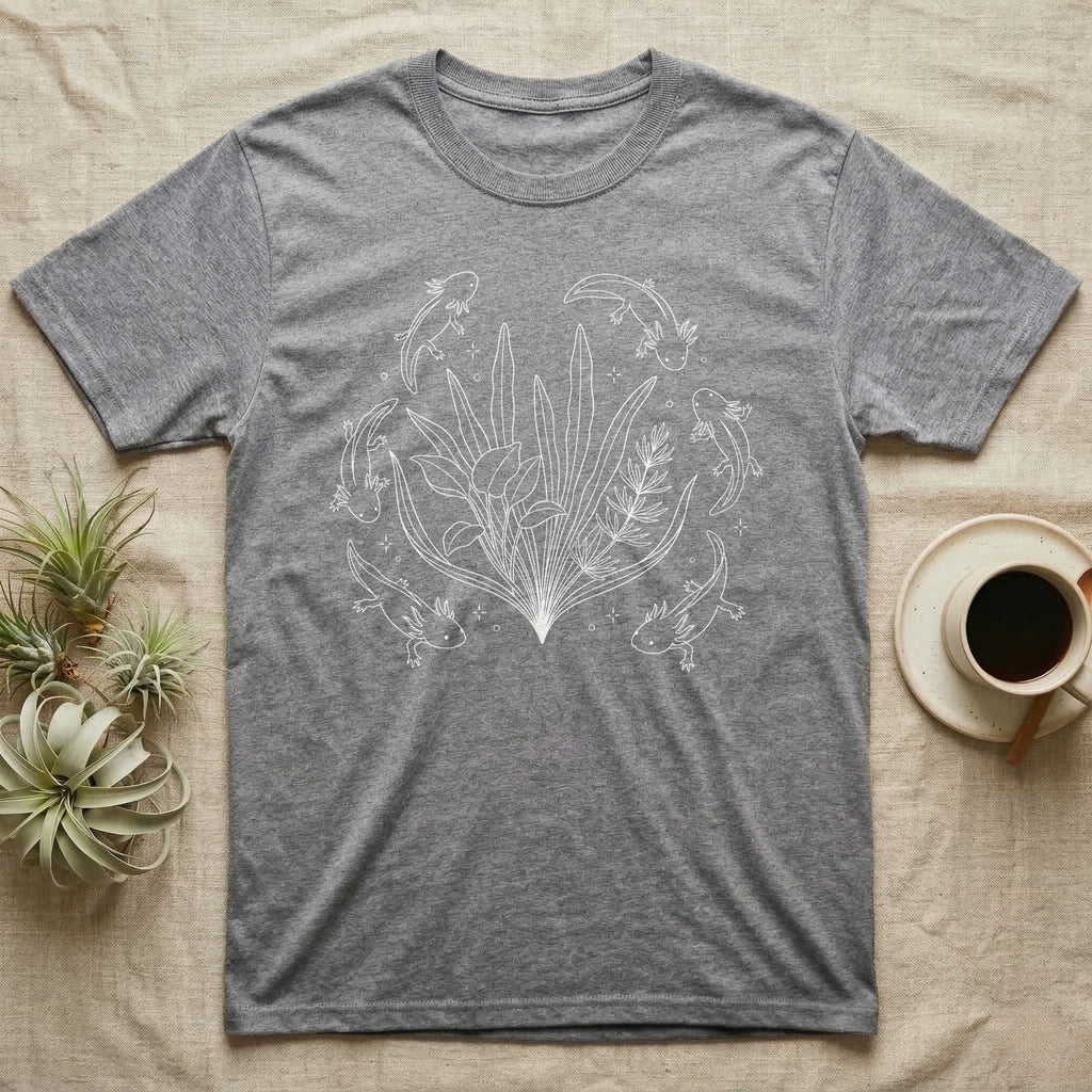 Axolotl Fine Line Botanical T-Shirt in Sport Grey — Fine-line white ink illustration of five axolotls drifting around a fanned spray of anubias and java fern.