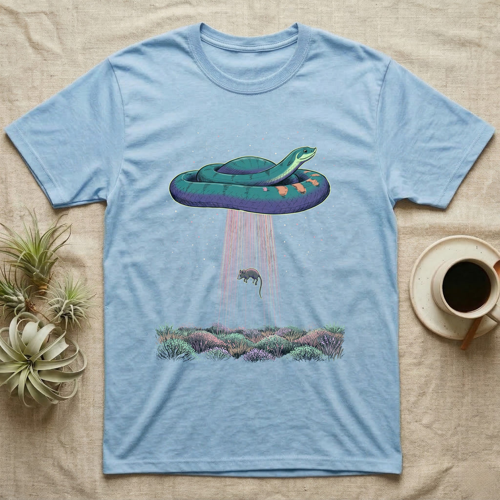 Hognose Night Scene T-Shirt in Light Blue — A western hognose snake outlined in pale light above a stippled grass band and starfield, a fine beam falling below it.