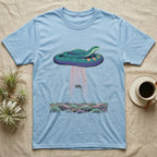 Hognose Night Scene T-Shirt in Light Blue — A western hognose snake outlined in pale light above a stippled grass band and starfield, a fine beam falling below it.