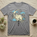 Grey t-shirt with rabbit on moon and clouds graphic and Japanese text.