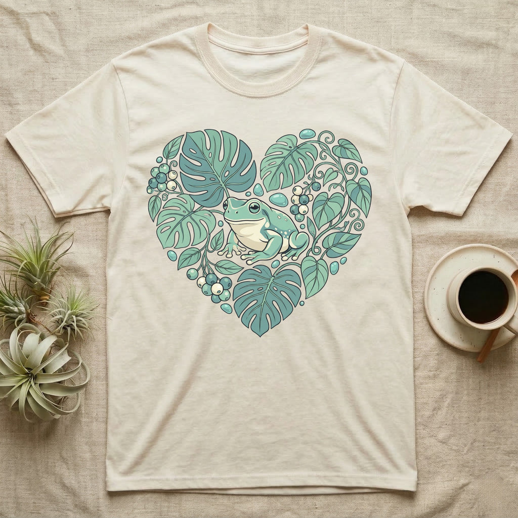 Cream t-shirt with a heart-shaped design of a frog and lush green leaves.