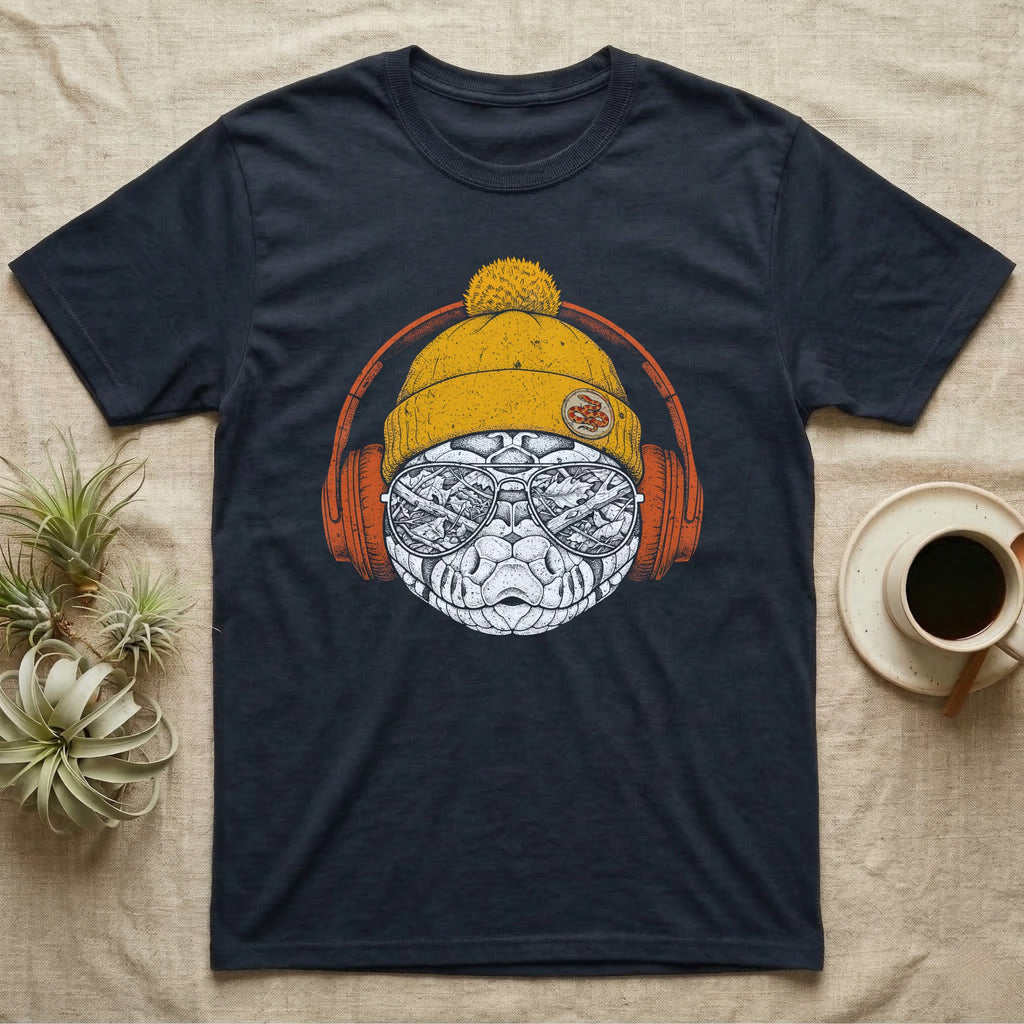 Corn Snake Chill Beats T-Shirt in Navy — Engraved corn snake in a knit beanie and headphones, aviator lenses reflecting a leafy forest floor.