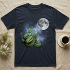 Green Tree Python Moon Howl T-Shirt in Navy — Three Green Tree Python colour morphs howling at a full moon over a nebula on a dark grey t-shirt.