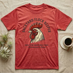 Red t-shirt with chicken graphic and "Backyard Flock Keeper" text.
