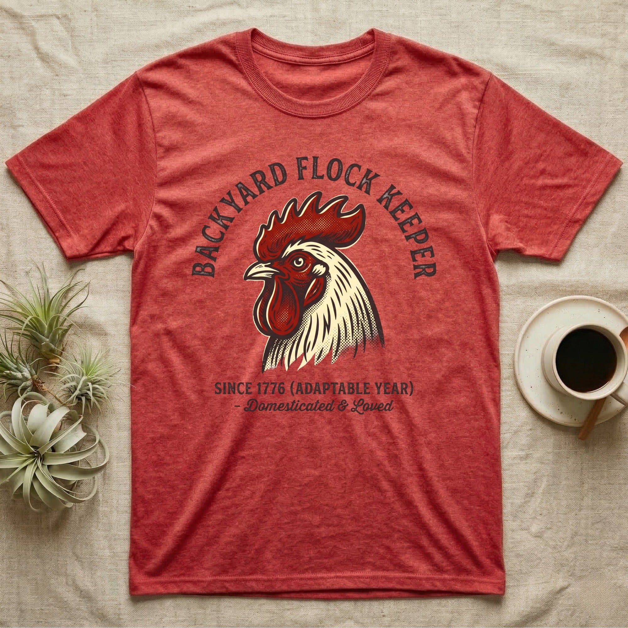 Red t-shirt with chicken graphic and "Backyard Flock Keeper" text.