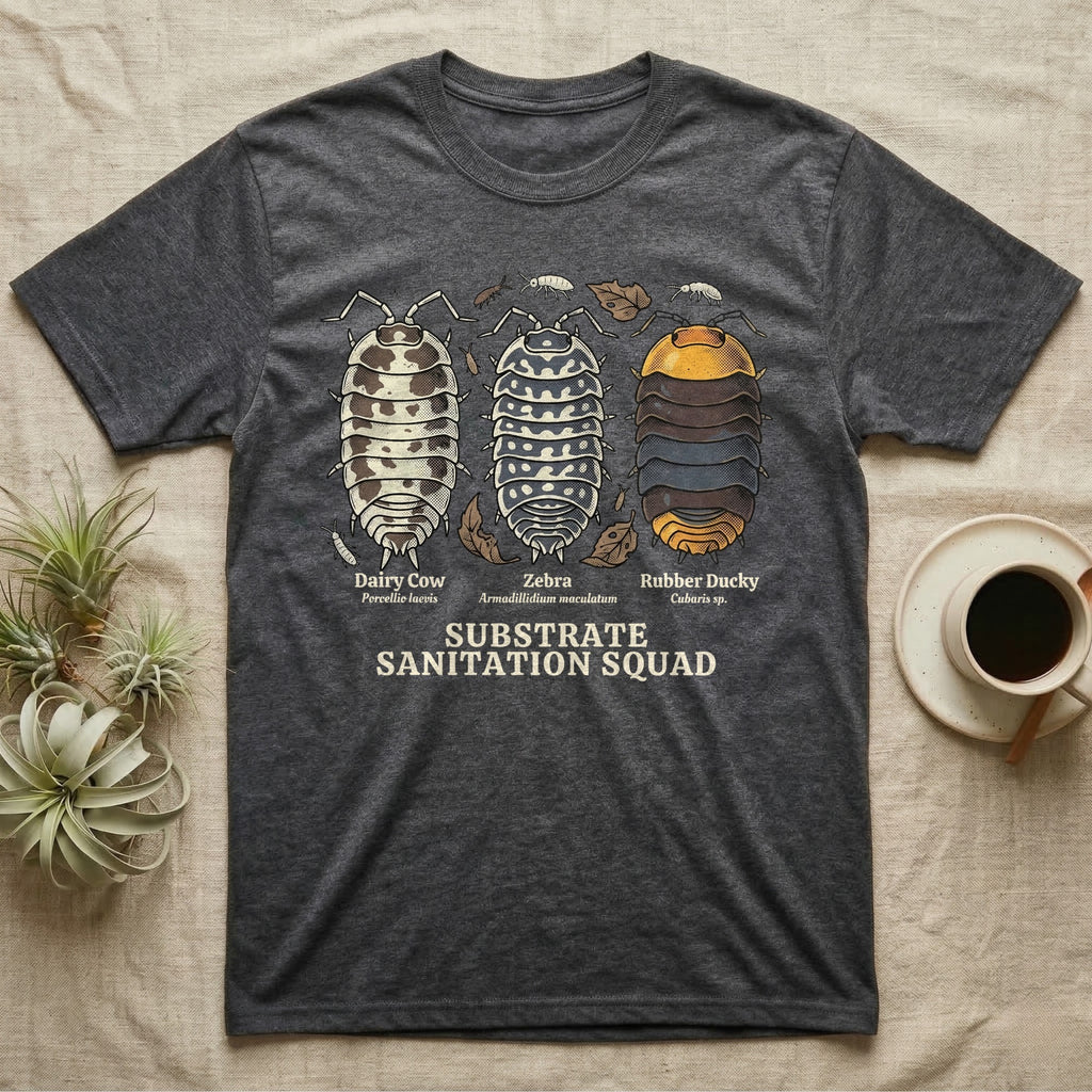 Isopod Substrate Sanitation Squad T-Shirt in Dark Heather — Engraved chart of dairy cow, zebra and rubber ducky isopods labelled with their scientific names.