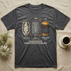 Isopod Substrate Sanitation Squad T-Shirt in Dark Heather — Engraved chart of dairy cow, zebra and rubber ducky isopods labelled with their scientific names.