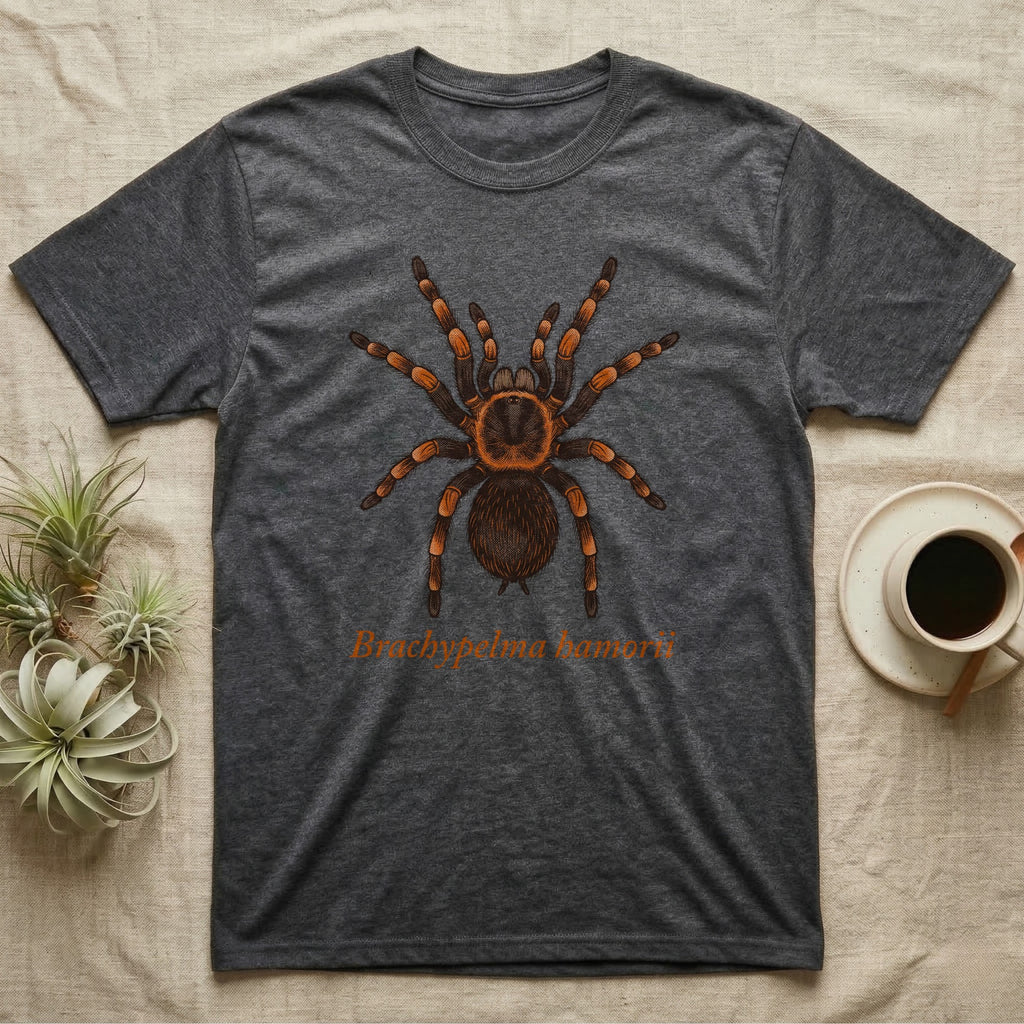 Charcoal t-shirt with a Brachypelma hamorii tarantula illustration and text.